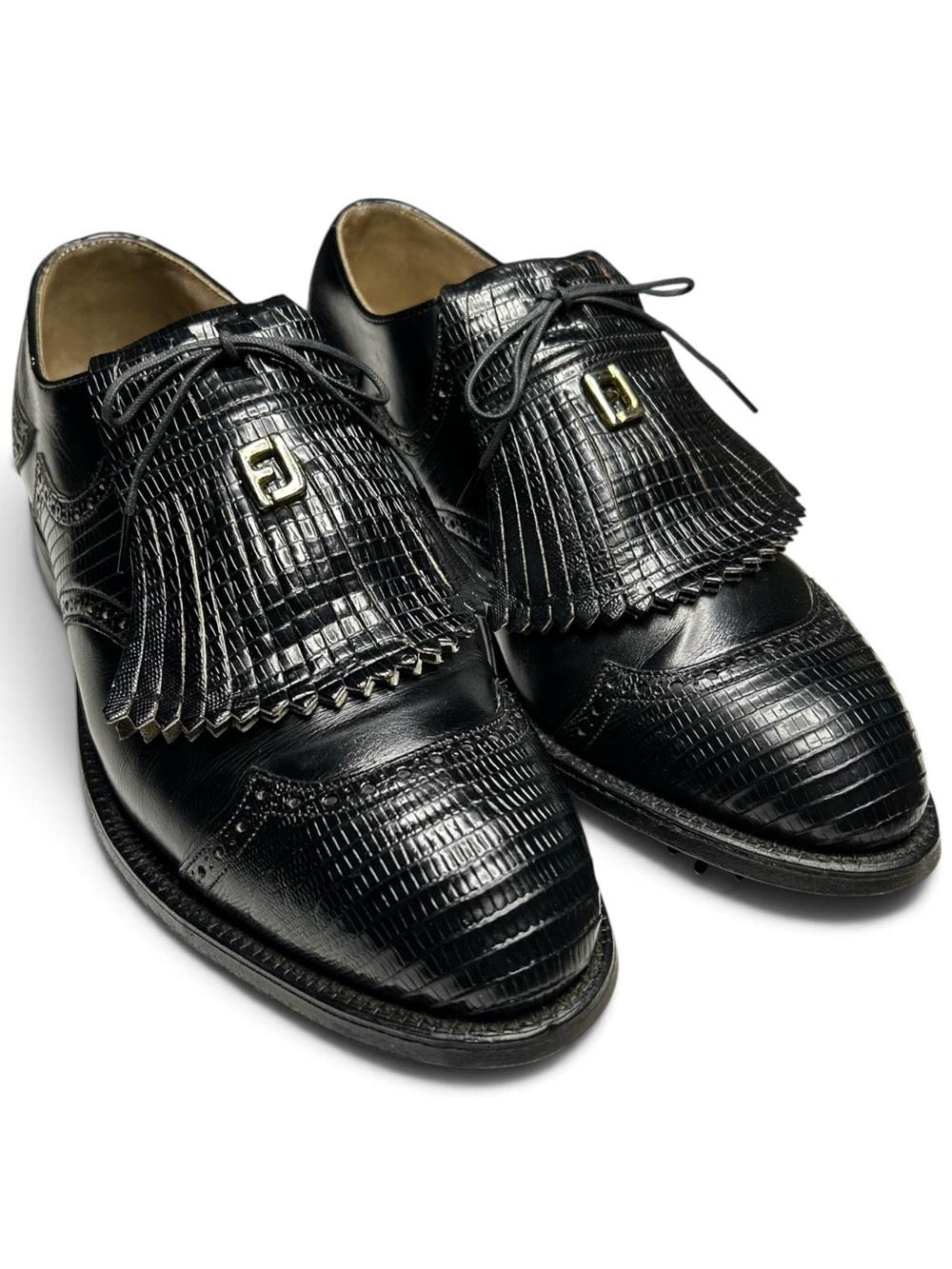 Vintage FootJoy Classics Lizard Embossed Kiltie Golf Shoes Black Mens 9.5 D